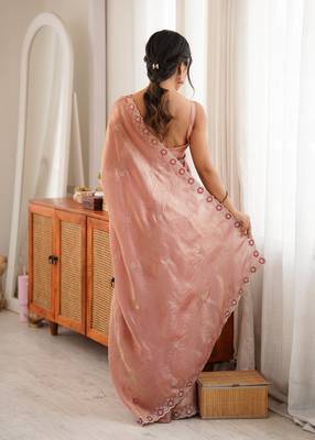 Peach tissue satin embroidered saree with unstitched blouse piece. 5
