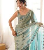Sky blue tissue satin embroidered saree with unstitched blouse piece.