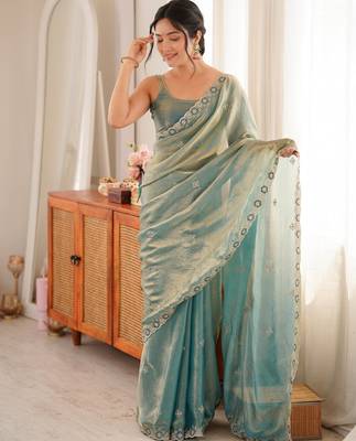 Sky blue tissue satin embroidered saree with unstitched blouse piece. 5