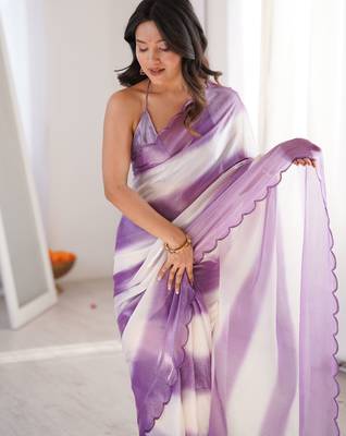 Lilac tissue satin striped saree with unstitched blouse piece. 1