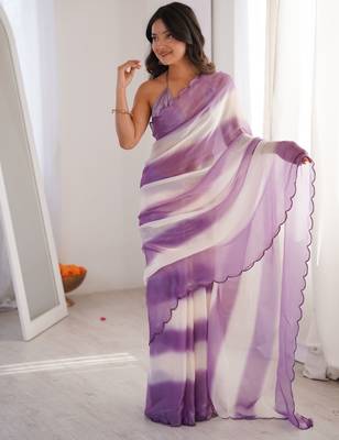Lilac tissue satin striped saree with unstitched blouse piece. 2