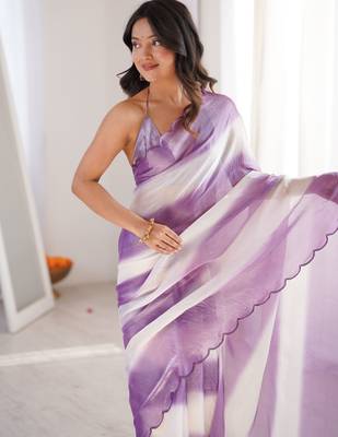 Lilac tissue satin striped saree with unstitched blouse piece. 4