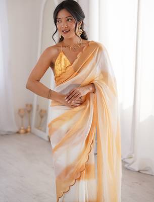 Mustard tissue satin striped saree with unstitched blouse piece. 2