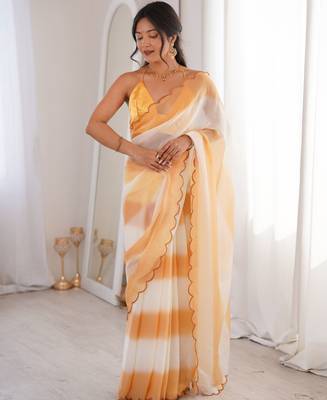 Mustard tissue satin striped saree with unstitched blouse piece. 4