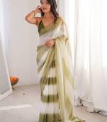 Olive tissue satin striped saree with unstitched blouse piece.