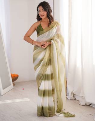 Olive tissue satin striped saree with unstitched blouse piece. 2