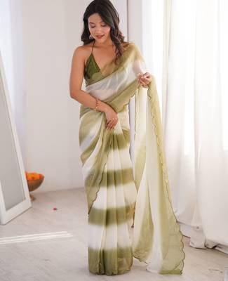 Olive tissue satin striped saree with unstitched blouse piece. 3