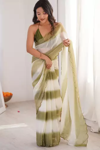 Olive tissue satin striped saree with unstitched blouse piece.