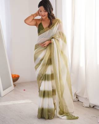 Olive tissue satin striped saree with unstitched blouse piece. 4
