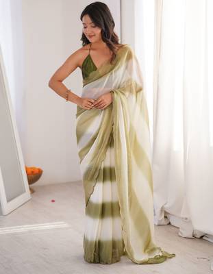 Olive tissue satin striped saree with unstitched blouse piece. 5