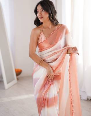 Peach tissue satin striped saree with unstitched blouse piece. 2