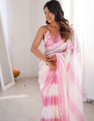 Pink tissue satin striped saree with unstitched blouse piece. 2