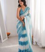 Sky blue tissue satin striped saree with unstitched blouse piece.