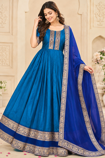turquoise blue color rich zari border silk blend anarkali gown set
