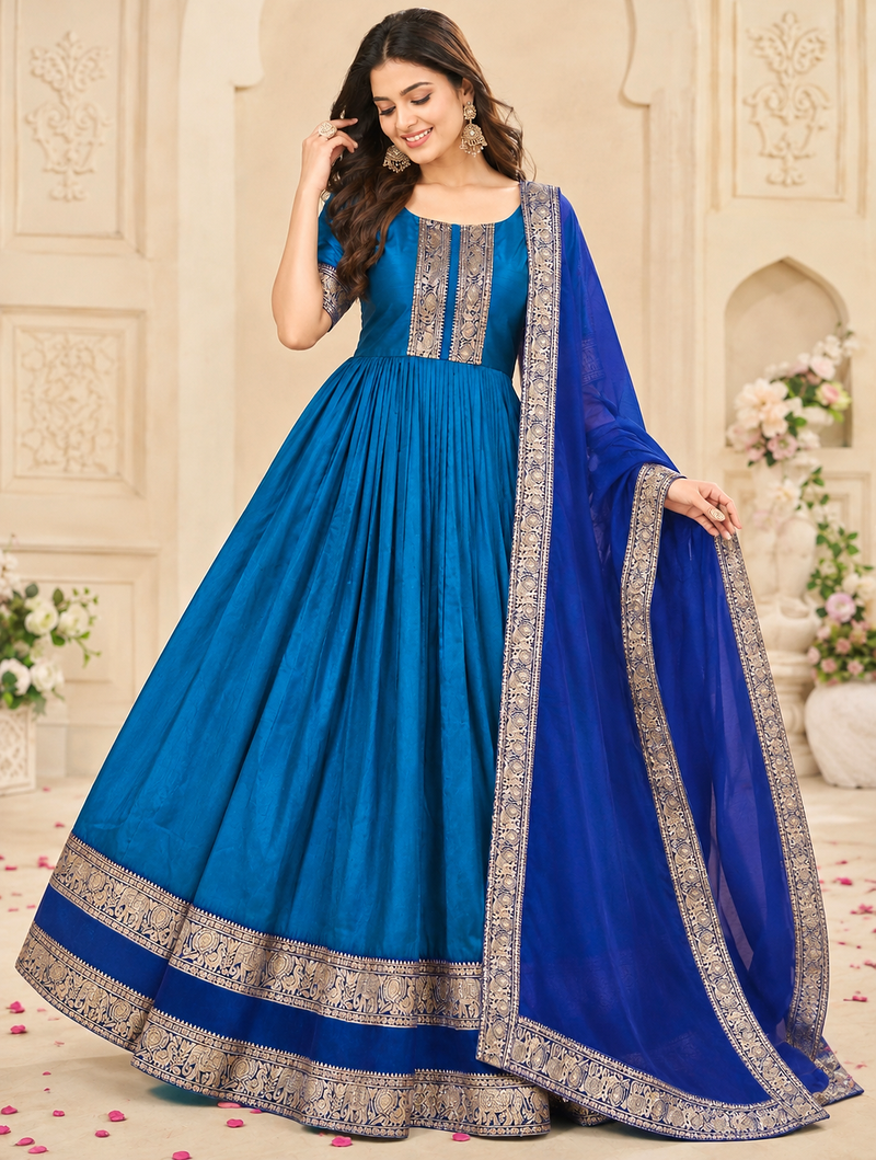turquoise blue color rich zari border silk blend anarkali gown set
