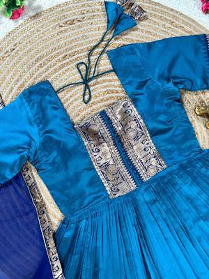 turquoise blue color rich zari border silk blend anarkali gown set 2