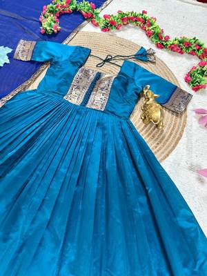 turquoise blue color rich zari border silk blend anarkali gown set 3