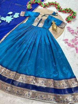 turquoise blue color rich zari border silk blend anarkali gown set 4