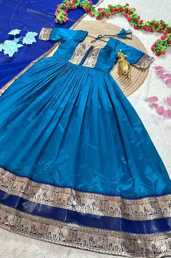 turquoise blue color rich zari border silk blend anarkali gown set