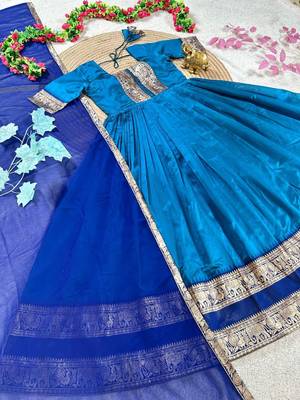 turquoise blue color rich zari border silk blend anarkali gown set 5