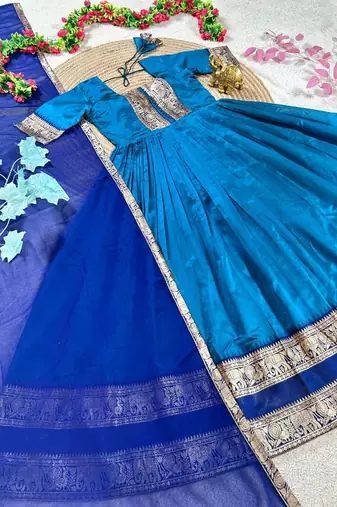 turquoise blue color rich zari border silk blend anarkali gown set