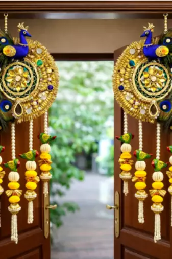  decorative peacock parrot pom pom latkan hanging  handmade toran door hanging (pack of 2)