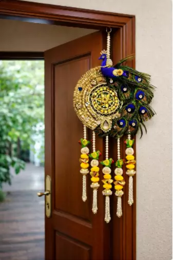  decorative peacock parrot pom pom latkan hanging  handmade toran door hanging (pack of 2)