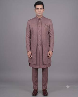 Pink jacquard open indowestern suit for men 1