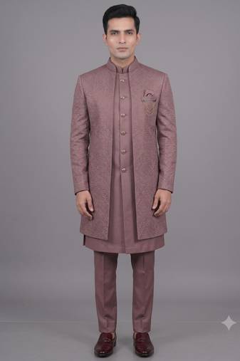 Pink jacquard open indowestern suit for men