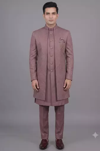 Pink jacquard open indowestern suit for men
