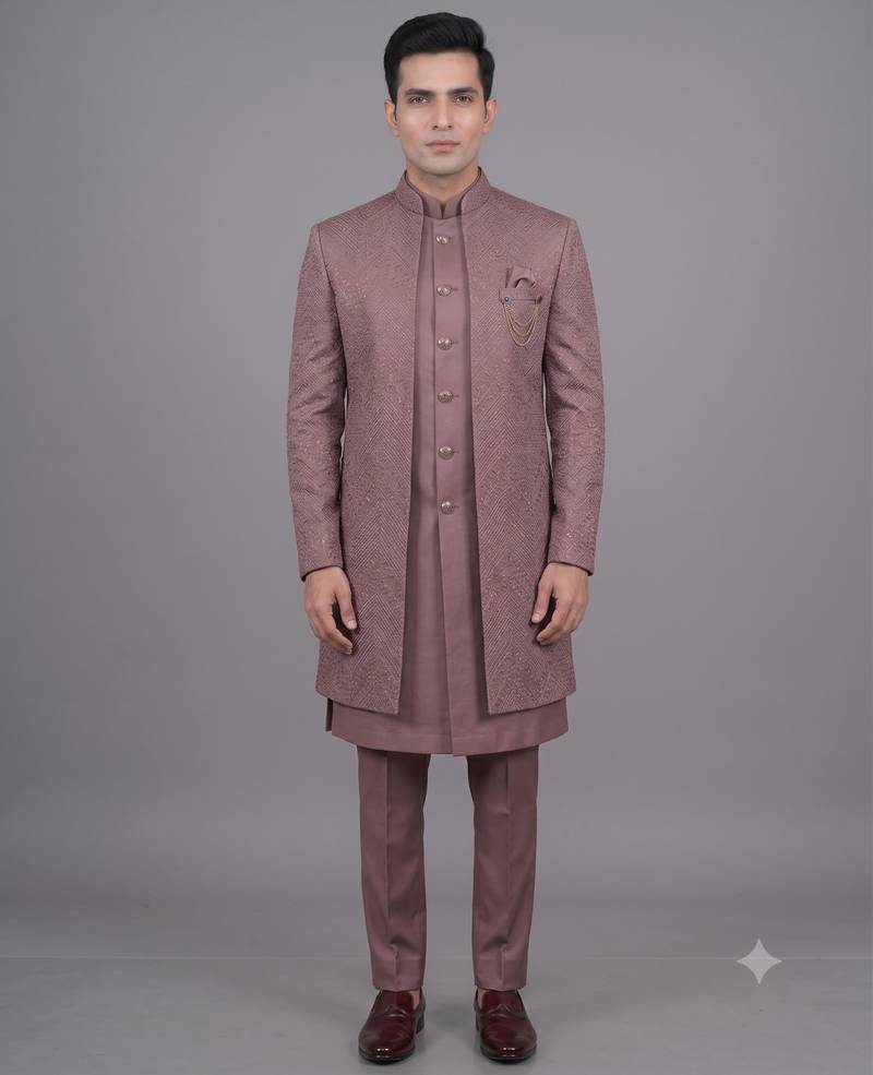 Pink jacquard open indowestern suit for men
