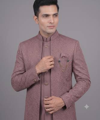 Pink jacquard open indowestern suit for men 2