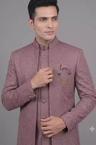 Pink jacquard open indowestern suit for men