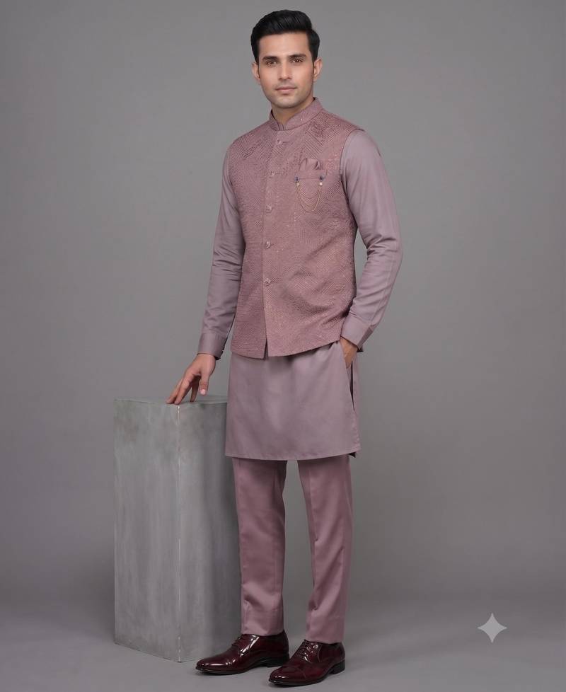 Pink premium jacquard nehru jacket for men