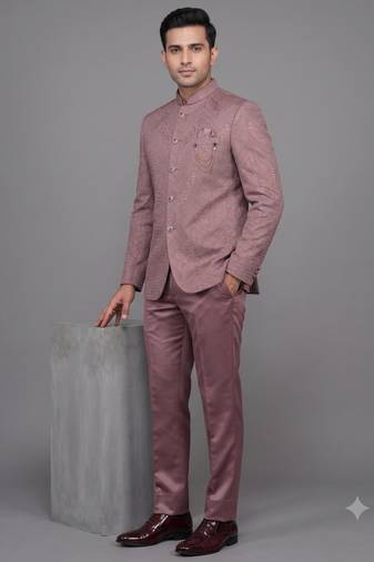 Pink jacquard bandhgala suit for men