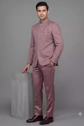 Pink jacquard bandhgala suit for men