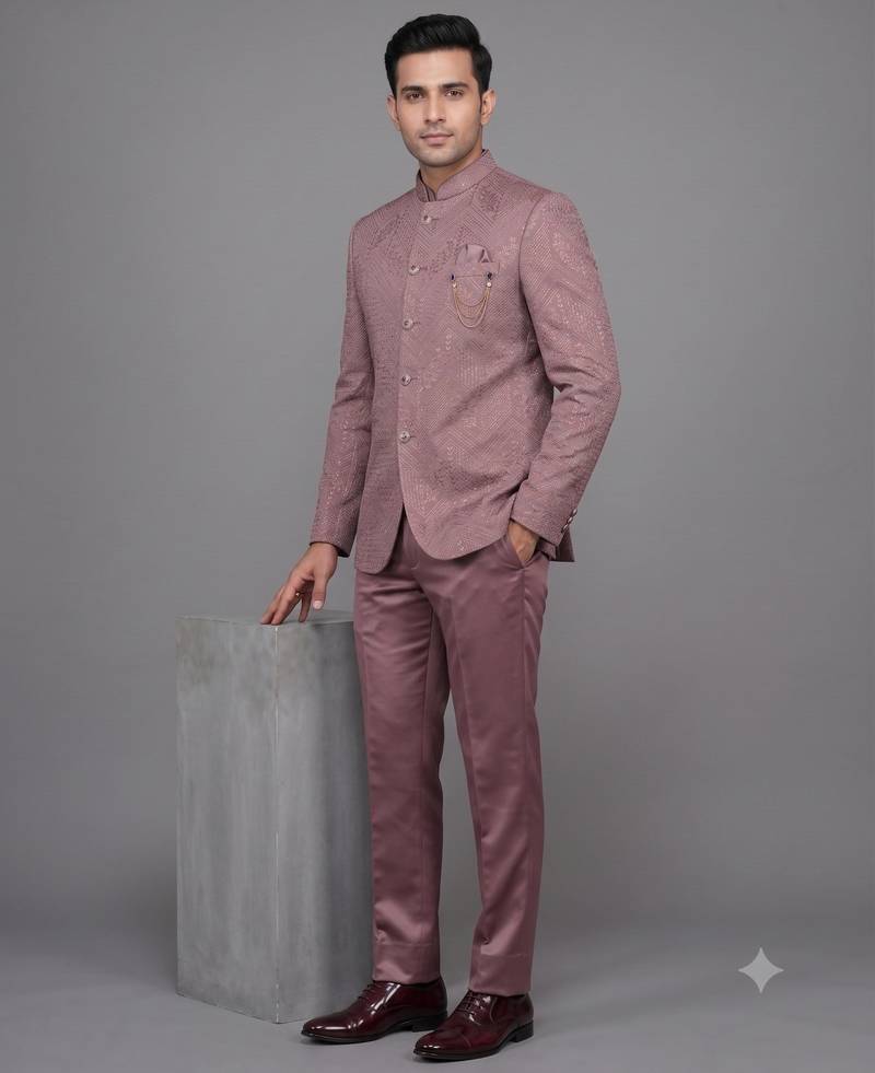 Pink jacquard bandhgala suit for men