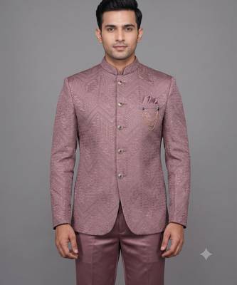 Pink jacquard bandhgala suit for men 2
