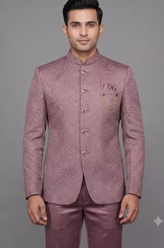 Pink jacquard bandhgala suit for men