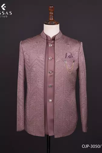 Pink jacquard bandhgala suit for men