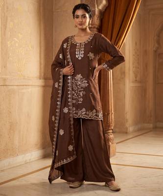 Ethnic Motifs Embroidered Sequinned Scalloped Kurti with Palazzo & Dupatta 1