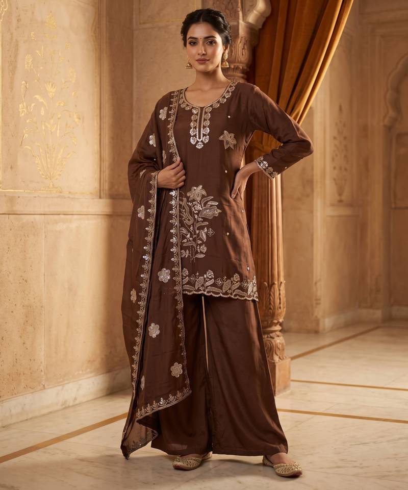 Ethnic Motifs Embroidered Sequinned Scalloped Kurti with Palazzo & Dupatta
