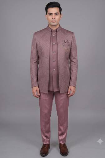 Pink jacquard open jodhpuri suit for men