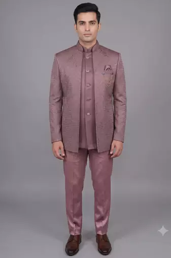 Pink jacquard open jodhpuri suit for men