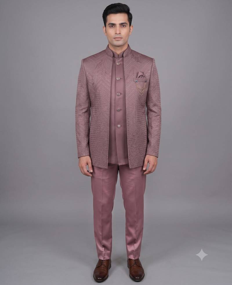 Pink jacquard open jodhpuri suit for men