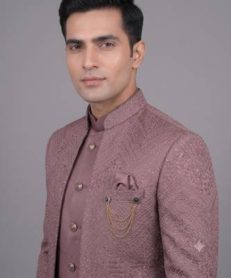 Pink jacquard open jodhpuri suit for men 2