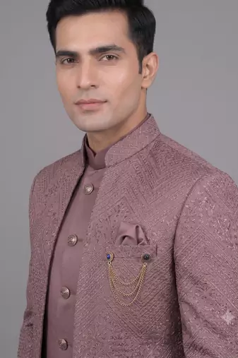 Pink jacquard open jodhpuri suit for men