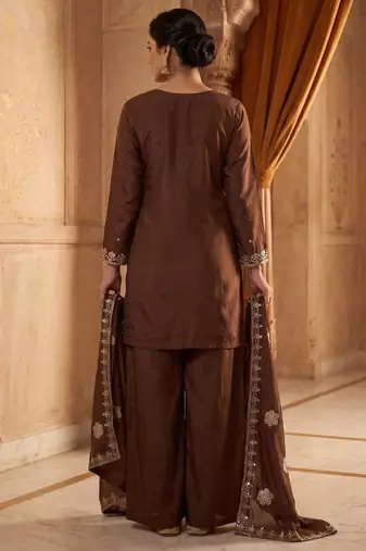 Ethnic Motifs Embroidered Sequinned Scalloped Kurti with Palazzo & Dupatta