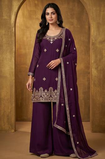 Ethnic Motifs Embroidered Sequined Scalloped Kurti with Palazzo & Dupatta