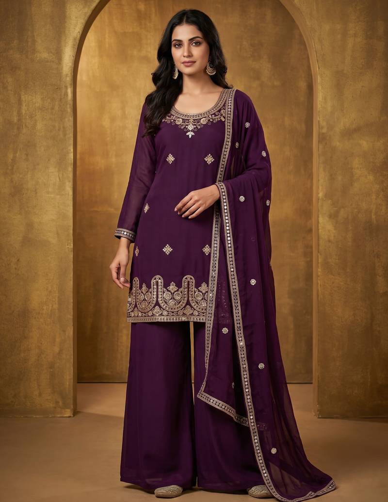 Ethnic Motifs Embroidered Sequined Scalloped Kurti with Palazzo & Dupatta